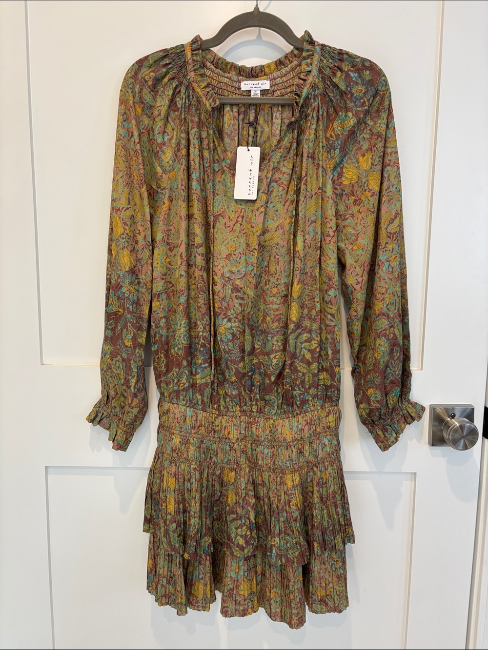 Current Air Olive Multi Botanical Long Sleeve Tiered Dress